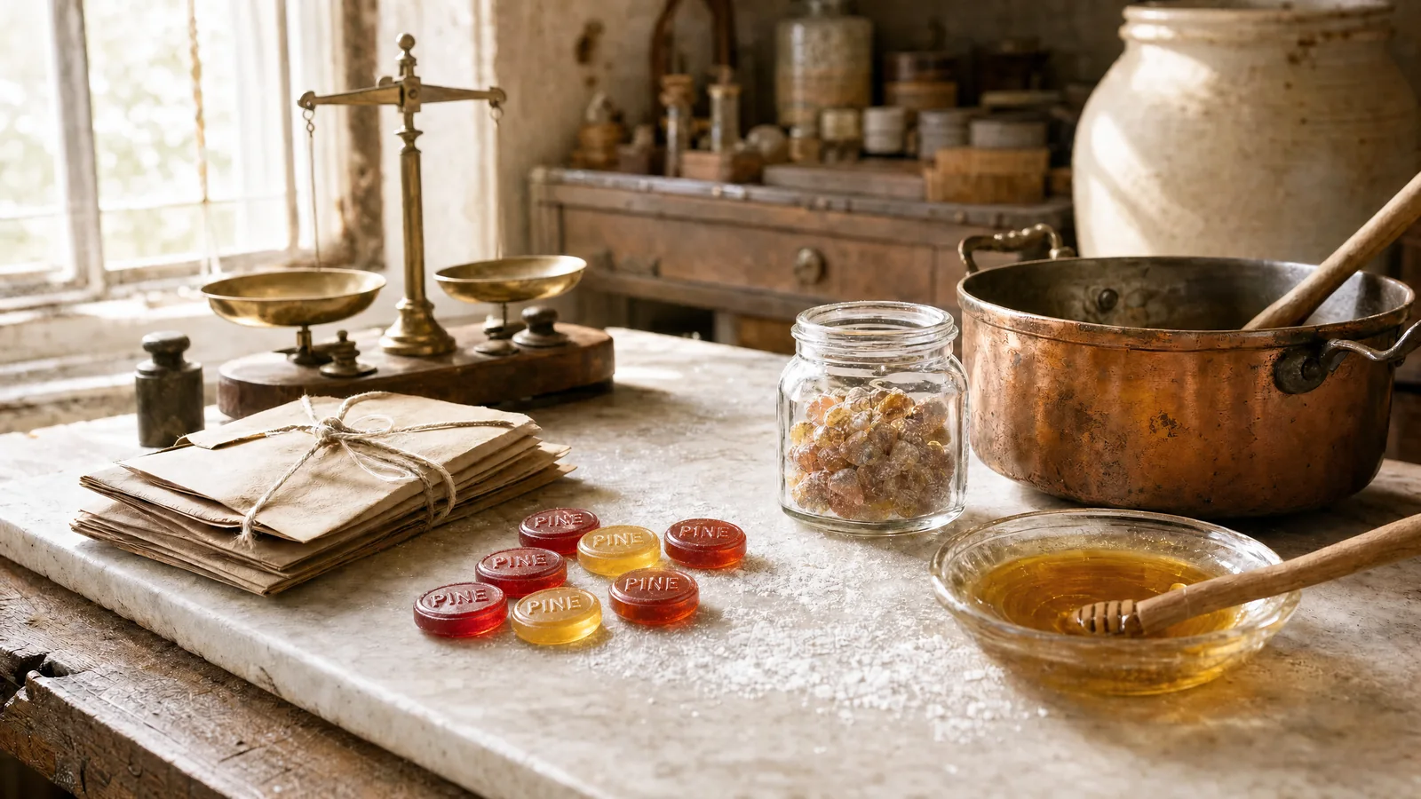 A nineteenth century confectioner's marble worktop in daylight: a brass balance scale, a copper pan, paper apothecary envelopes and a jar of amber tree resin, with a few translucent throat drops resting on the marble.