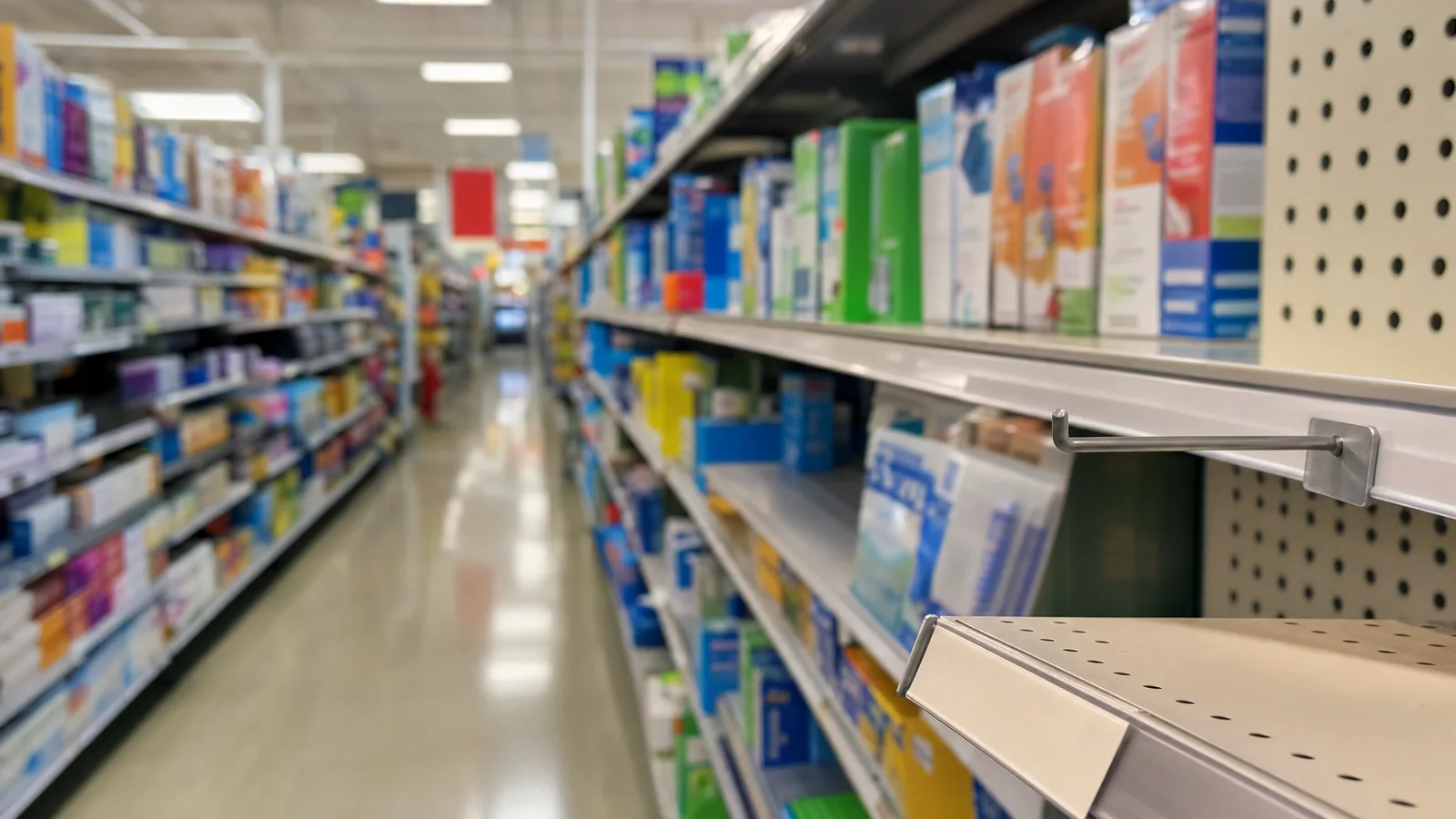 Looking down a supermarket cough and cold aisle, shelves receding into soft focus on both sides.